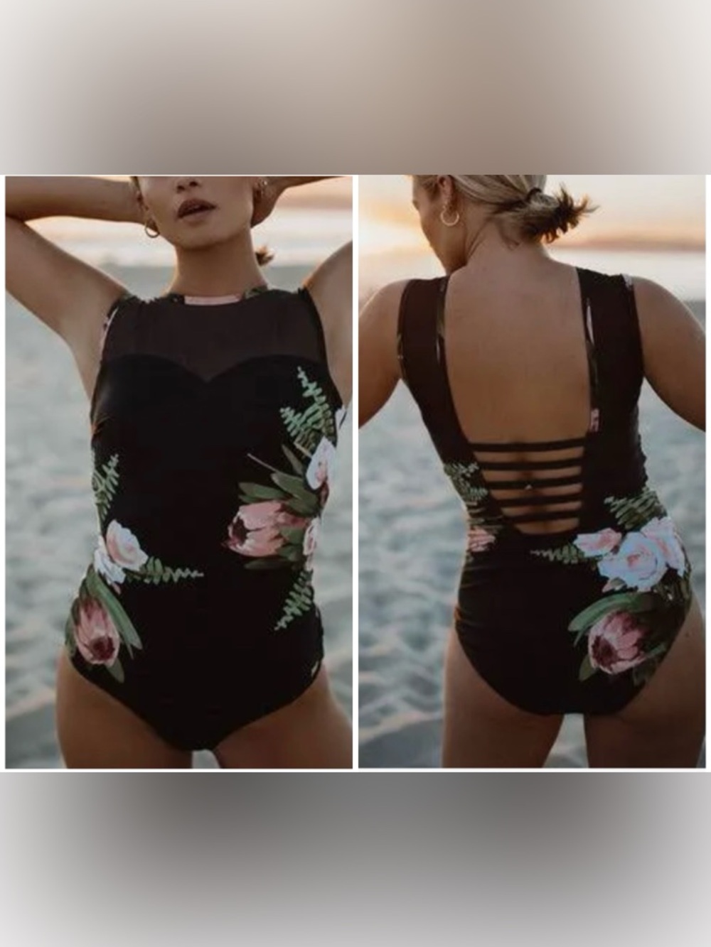 Albion Black One-Piece Swimsuit with Pink Floral Print XL